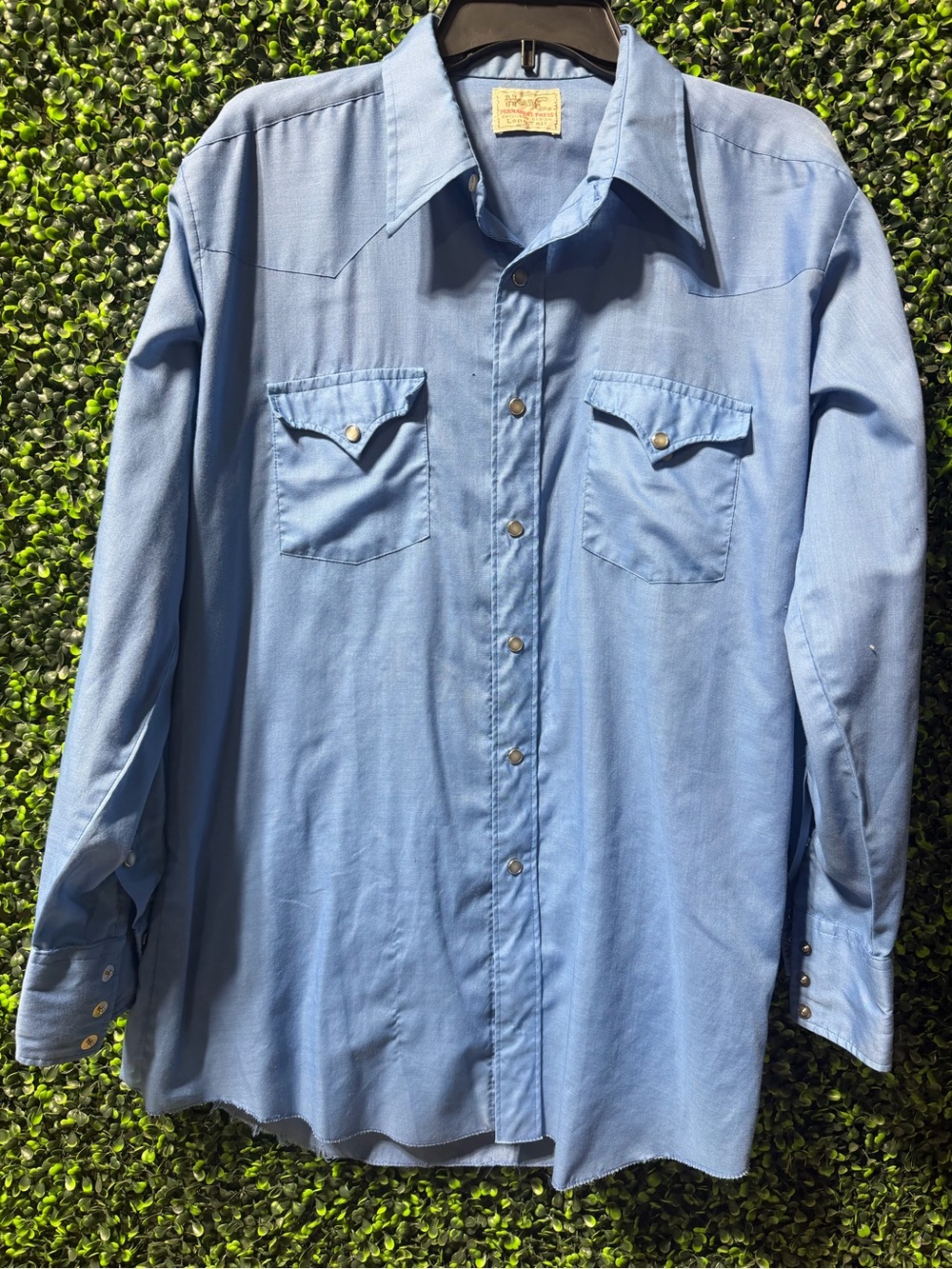 Vintage 70s H Bar C Ranchwear Pearl Snap Shirt Mens Blue Distressed